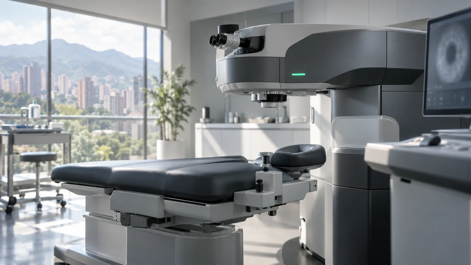 Refractive surgery suite with a laser platform, a reclined patient bed and city hills visible through the window